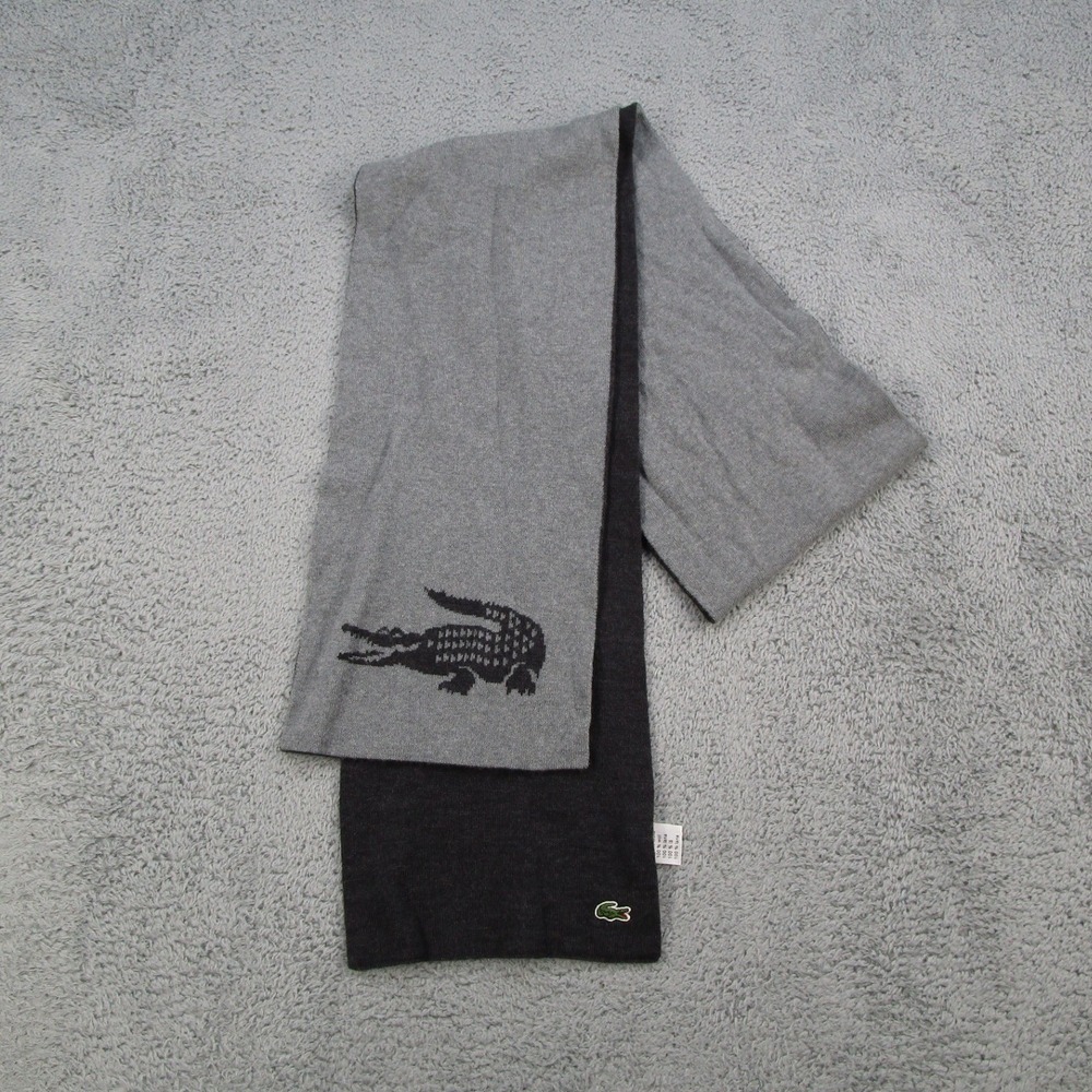 Lacoste Mens 100% Wool Scarf Grey Charcoal Reversible Big Logo Made in Bulgaria